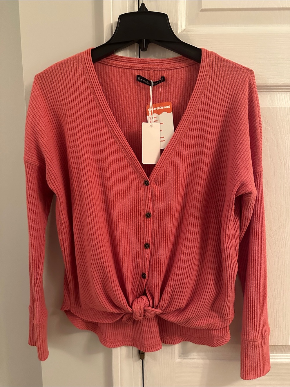 Abercrombie & Fitch Ribbed V-Neck Button Top in Coral Pink with Tie Front XS